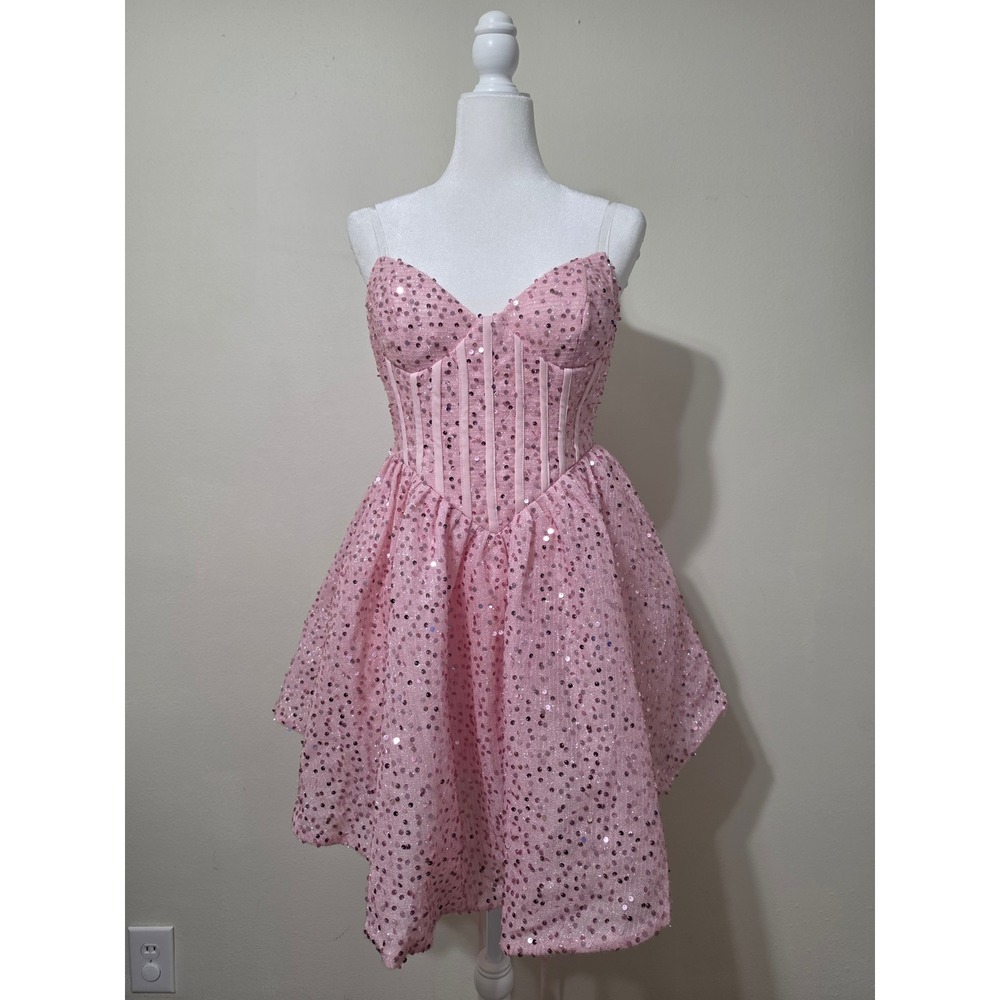 Pink Sequin Corset Mini Dress Sweetheart Neckline Formal Homecoming Size L